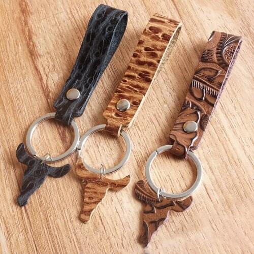 European and American Key Ring Ins Creative Diy Retro Embossed Texture Western Cow Head Leather Key Chain Pendant