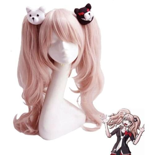 Danganronpa Enoshima Junko Anime Cosplay Accesssories Pink Wavy Wig with Two Bear Hairpins Heat Resistant Wig Halloween Props