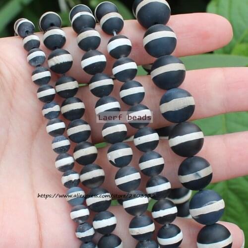 Natural Frost/Matte Black 1Line Dzi Agate 6-12mm Round space beads, For DIY Necklace Bracelet Jewelry Making