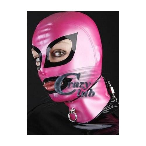 Latex costume zentai latex hood cosplay outfit mix color rose pink and eye with black crochet sexy hood rubber mask with collars