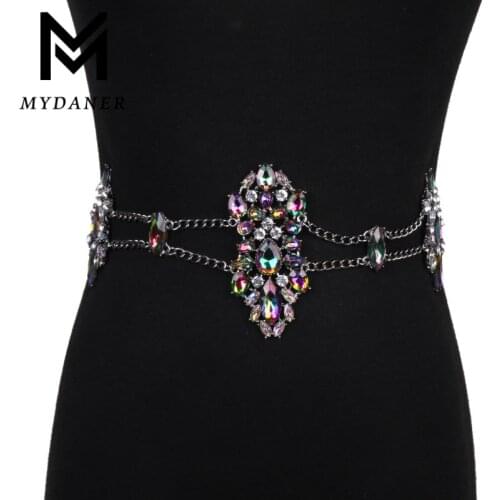 MYDANER Boho Summer Beach Fashion Waist Chain Charm Sexy Body Chain Crystal Rhinestone Flower Gem Necklace Women Jewelry