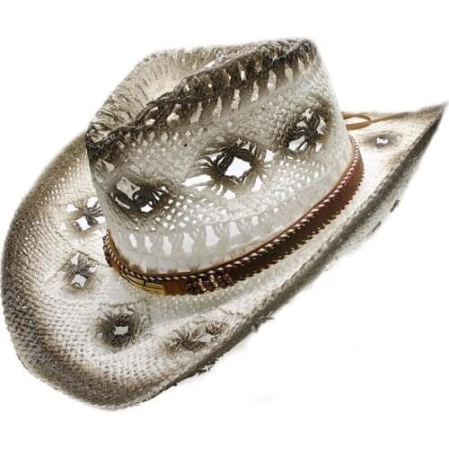 LUCKYLIANJI Womens Mens Unisexs Vintage Wide Brim Straw Sun Beach Cowboy Cowgirl Western Hat Leaf Leather Band (58cm)