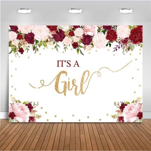 Mocsicka Pink Red Flower Backdrop Its a Girl Baby Shower Glitter Dots Background Announce Pregnancy Party Backdrops Rose Floral