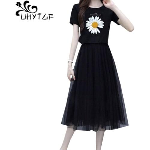 UHYTGF Fashion women summer 2piece set short-sleeved Tshirt top+mesh skirt elegant girl skirt set sweet student casual dress 910