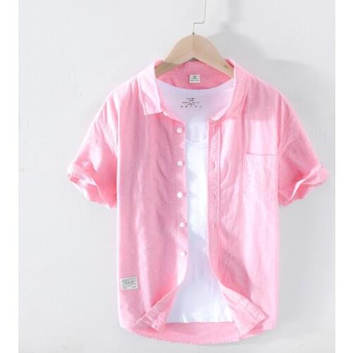 2020 Summer New Single Pocket Shirts Men Short Sleeve 100% Cotton Casual Solid Color Basic Tops Clothing Y2694