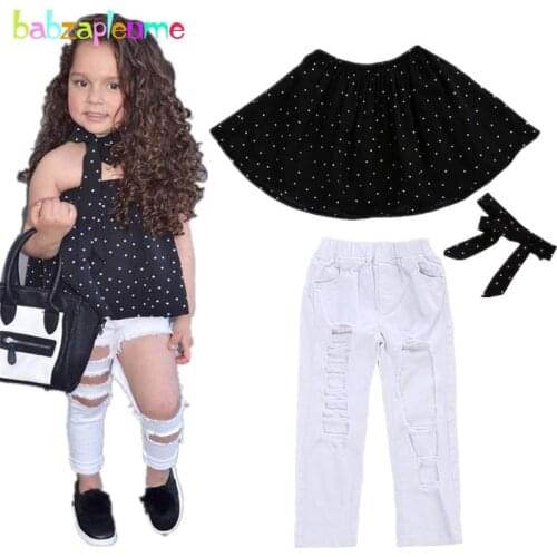 2017 New Baby Girls Clothes set White Denim Hole Pant Fashion Kids Girls Clothing 3pcs suits Sleeveless Tops Child Costumes A235