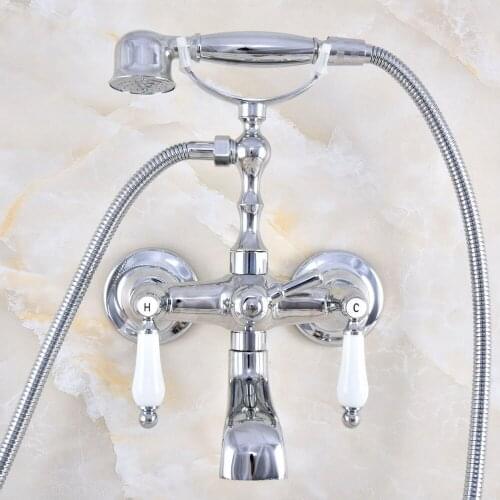 Polished Chrome Brass Double Ceramic Handles Wall Mounted Bathroom Clawfoot Bathtub Tub Faucet Mixer Tap w/Hand Shower atf873