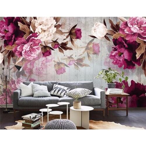 Custom Photo Wallpaper Wall Sticker Handmade Peony Flower Wooden Background papel de parede 3d para sala atacado