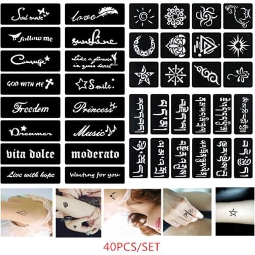40pcs/set Self-Adhesive Henna Stencils Body Art Paint Stencil Letters Sun Airbrush Stickers for Arm Leg Glitter Tattoo Stencil