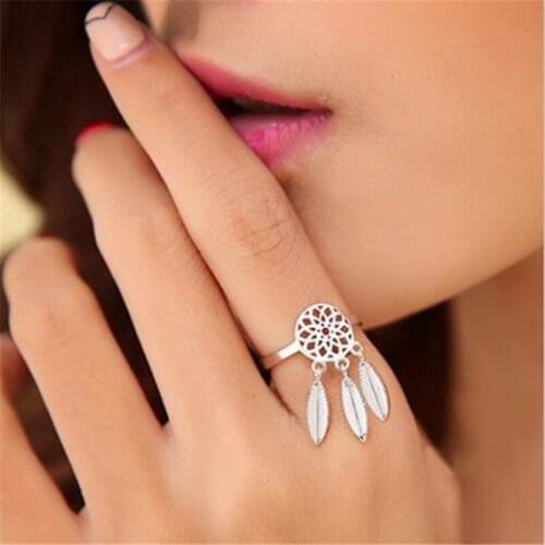 Ethnic Brushed Tassel Dreamcatcher Feathers Rings for Women Lover Wedding Party Rings Silver Color Geometric Charm Jewelry Gift