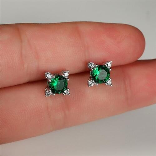 Vintage Female Blue Green Crystal Earrings Cute Silver Color Stud Small Earrings For Women Trendy Bridal Round Wedding Earrings