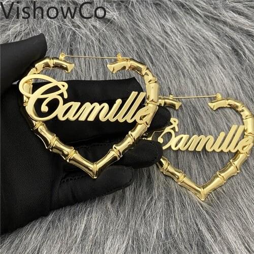 VishowCo 80mm Custom Name Earrings Personalized Stainless Steel Custom Heart Name Bamboo Earrings New Style For Women Gifts