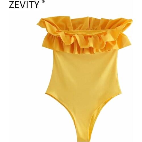 Zevity 2021 Women Sexy Off Shoulder Pleat Ruffles Slim Bodysuits Ladies Patchwork Summer Beach Style Siamese Chic Rompers LS9540