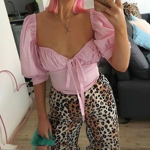 High Quality Twotwin Wear Women Shirts Cute Puff Sleeve Crop Top Sexy Summer Blouse Club Clothing Chemise Blusa 2019 Summer