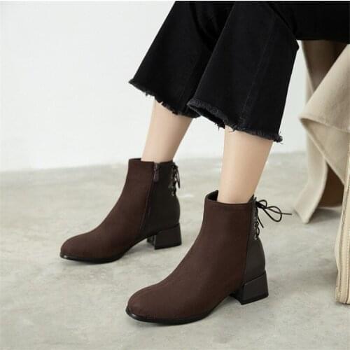 PXELENA 2020 New Autumn Fashion Patchwork Square Toe Chunky Mid Heels Rinding Boots Comfort Ankle Boots Woman Plus Size 34-45