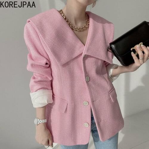 Korejpaa Women Jackets 2021 Autumn Korea Sweet Temperament Ladies Retro Navy Collar Single-Breasted Waist Loose Woolen Suit Coat