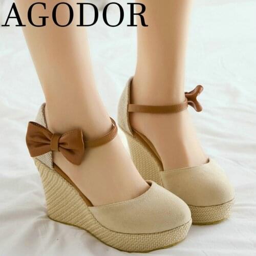 AGODOR 2021 Bow Pumps Shoes Women Wedges Heel Platform Pumps High Heels Ankle Strap Casual Slingback Pumps Heels Size 34-43