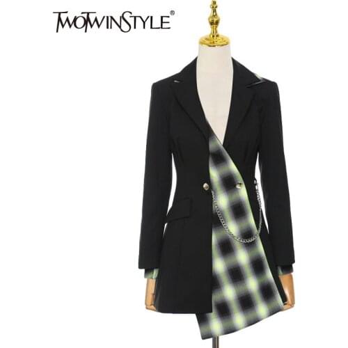TWOTWINSTYLE Plaid Patchwork Chain Colorblock Blazer Female Notched Long Sleeve Irregular Hem Loose Womens Coat 2021 Autumn New
