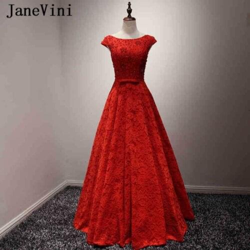 JaneVini 2019 Elegant Red Long Prom Dresses Robe de Soiree Beaded Scoop Neck A Line Lace Floor Length Women Evening Party Gowns