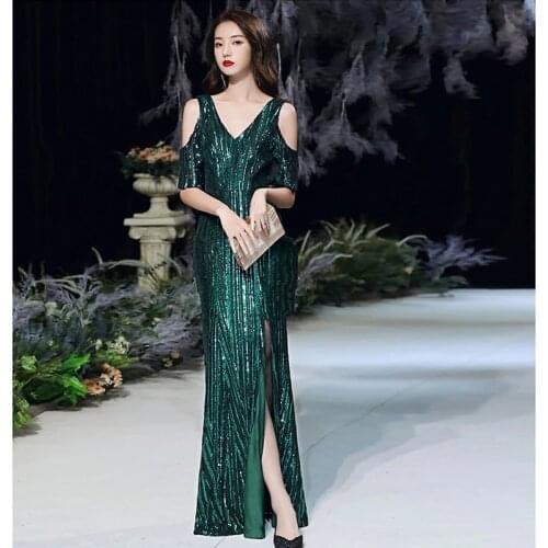 New Evening Dress Sequins V-Neck Short Sleeves Elegant Simple Pleat Floor-length Mermaid Plus size Women Formal Party Gown C789