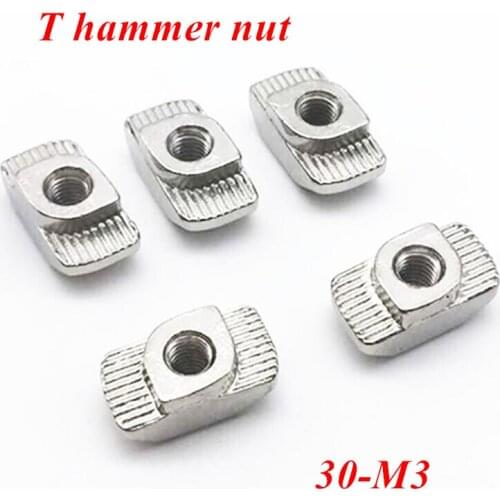 100pcs 30-M3 T-nut 3D Printer Sliding T Hammer head Nut Drop In Fasten Nut Nickel plated for 3030 Aluminum profile connector