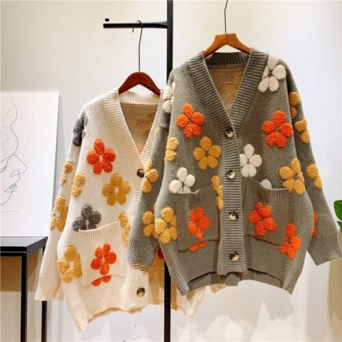 2021 Women Autumn V-Neck Sweater Coat Flower Print Women Warm Sweater Poncho Christmas Sweater Casual Women Cardigans