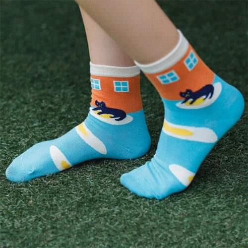 5 Pairs Women Socks Home Series Bathing Cat Puppy Comfortable Breathable Cotton Shaping Personalized Breathable Winter Socks