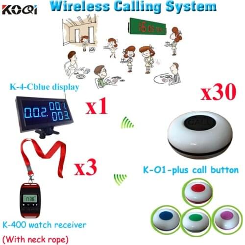 Wireless Paging Calling System For Restaurant Room Calling Customer Service(1pcs display+ 3pcs watch+30pcs call button)