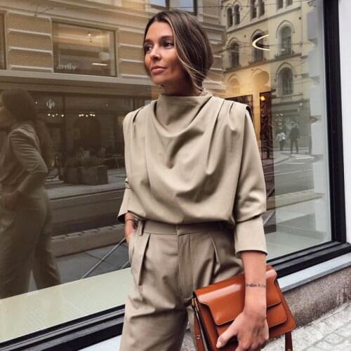 Half High Collar Elegant Gentle Women Blouse Autumn Long Sleeve Solid Color Office Lady Loose Fashion 2021 Zip Up Ladies Blouses