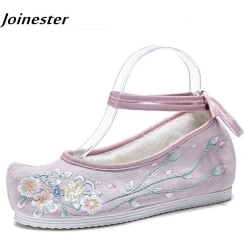 Women Sandals Embroidered Retro Pumps Ankle Strap Ladies Slingbacks Shoe Cotton Fabric Warm Casual Shoes Dance Shoe Woman Wedges
