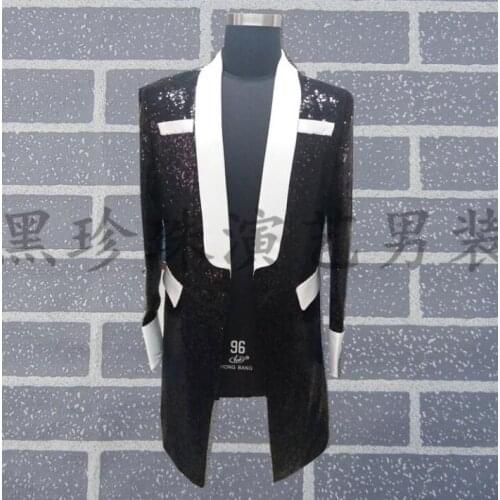 Black men suits designs homme terno stage costumes for singers men sequin blazer dance long clothes jacket style dress rock
