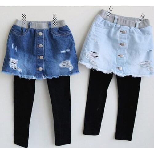 2019 Spring girl fake two pieces pant jeans pant two colors Girls' Denim Washed Dress Jeans Autumn Kids Vintage Leggings Clothes