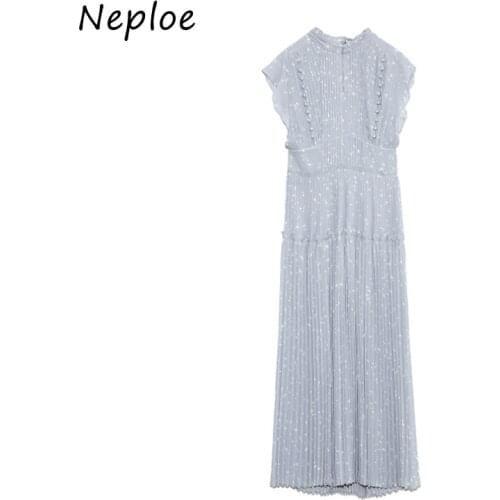 Neploe Elegant Fresh High Waist Women Dress 2021 Summer New Pleated Drawstring Slim Waist Dresses Sexy Hollow Out Vestidos