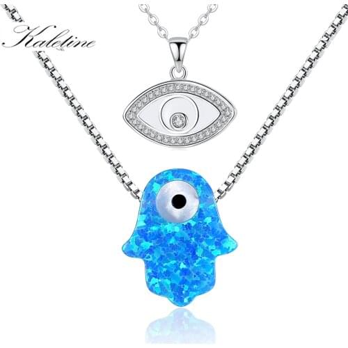KALETINE 925 Sterling Silver Opal Hamsa Hand of Fatima Pendant Necklace Evil Eye Turkey Jewelry Long Chain Necklace