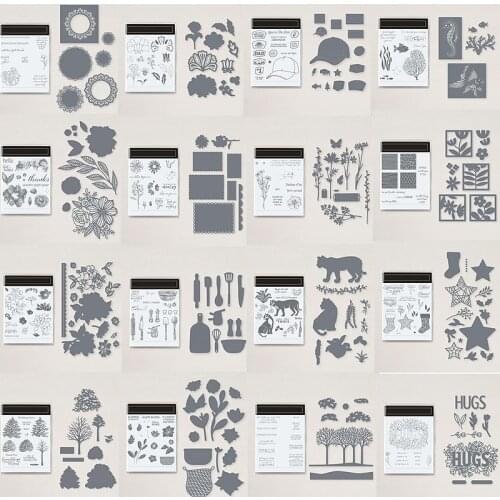 Metal Cutting Dies Combine Clear Silicone Stamps Mix Flower Tree Animals Round Square Hat Cookware Letter Scrapbook Craft Cards