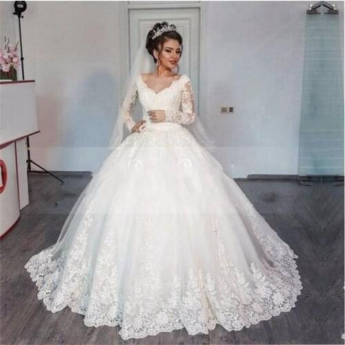Fashionable Wedding Dress Gorgeous Ball Gown Wedding Dresses 2021 Puffy Lace Beaded Applique White Long Sleeve Vestido De Noiva