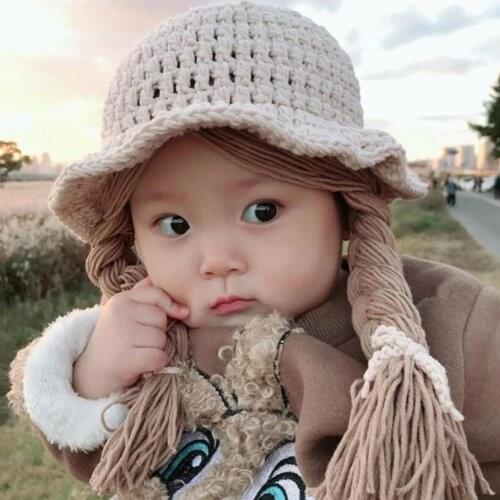 Fashion Baby Girls Braided Wig Chin Strap Knitted Cap Bucket Hat Photo Prop
