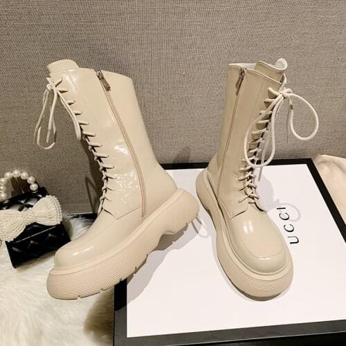2021 New Winter Genuine Leather Martin Boots Cowhide Thick Sole Lace Up Shoes Mid-Calf Motorcycle Boot Beige