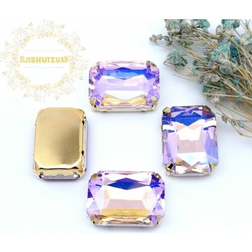 Pink AB Rectangle Glass Crystal sew on rhinestones with FOUR gold claw Diy wedding dress accessories Free shipping