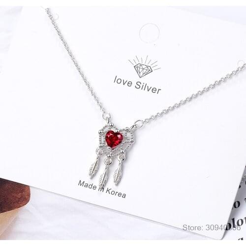 925 Sterling Silver Dream Catcher Festher Tassel Pendant Necklace With Red Zircon Love Heart Shape Necklace Jewelry S-N300