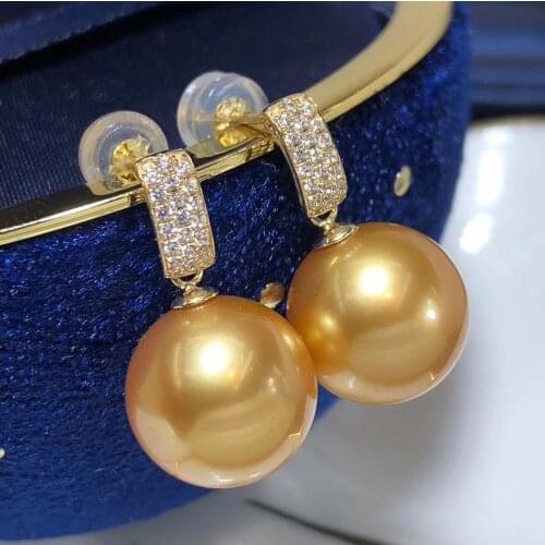 D322 Pearls Earrings Fine Jewelry Solid 18k Gold Natural 8-9mm Ocean Sea Golden Pearls Females Drop Earrings for Women