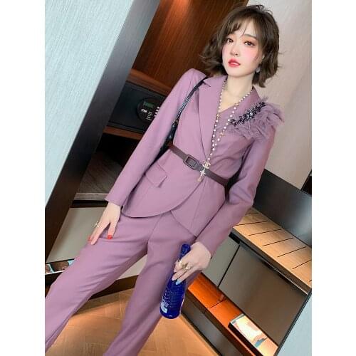 Mesh diamond-encrusted waist suit jacket + tall and thin straight pants suit womens 2020 early autumn new