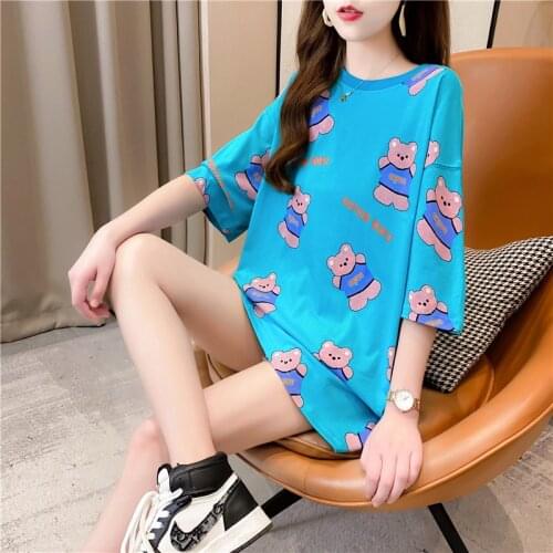Women t-shirt cute bear pattern print top Oversized t-shirts with short sleeve aesthetic fashion ladies casual tops-tee NS4753