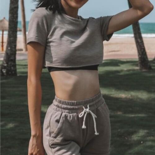 Women Sports Shorts Suit Short Sleeve Solid Crop Tops Running Fitness Shorts Sets Lady Casual Slim O-Neck Lace Up 2021 Summer