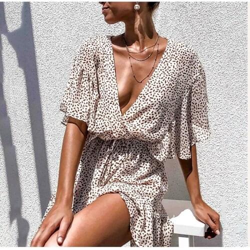2020 Leopard Print Women Summer Dresses Sundresses Sexy Plunge Deep V-Neck Beach Dress Back Button Ruffle Women Party Clothes