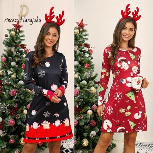 Plus Size Color Christmas Dress Casual Women Long Sleeve O-neck Print Fall/winter New Year Party Fashion Midi Cute Dress Clothes