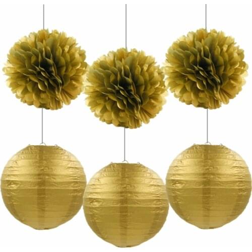 10inch 25cm Golden Chinese Round Paper Lantern Wedding Party decor gift craft wish lampion hanging paper flowers ball 6pc/set