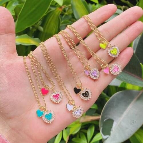 5Pcs 2021 Heart Lock Smiley Face Enamel Pendant Necklace Gold Link Chain Necklaces Happy Face CZ Jewelry For Women Jewellery
