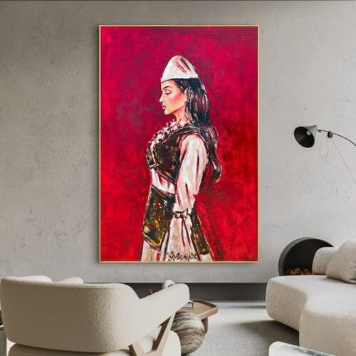 Abstract Retro Red Tribal Girl Oil Painting Wall Art Design Blue Drama Woman Figure Canvas Painting for Living Room Home Decor
