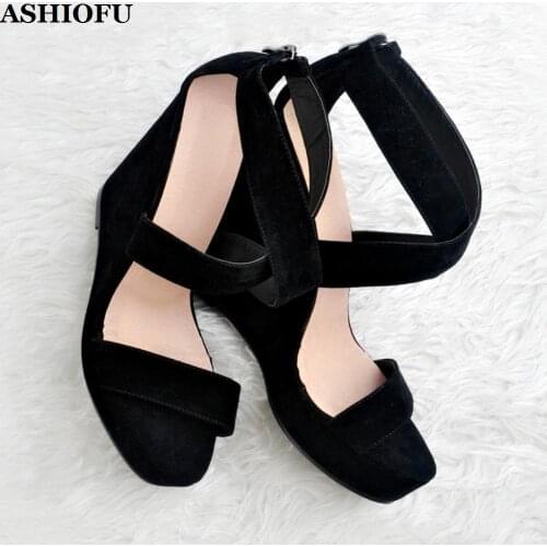 ASHIOFU Handmade Wadge Heel Women Sandals X-straps Peep-toe Party Prom Summer Shoes Large Size Evening Fashion Sandals Shoes
